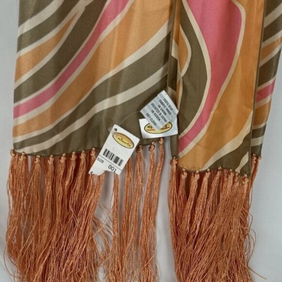 NWT Talbots 100% Silk Green Pink Coral Rectangle Scarf Oblong Mod Retro Fringe - Picture 3 of 3